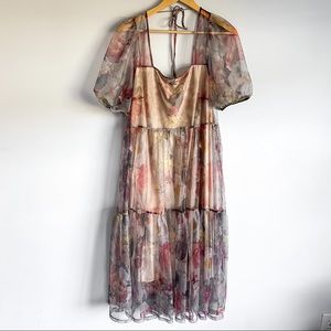 New H&M Puff-sleeved Floral Mesh Dress Size M